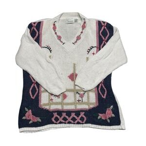 Vintage Extra Shenanigans Hand Knitted Floral V-Neck Sweater White Navy Pink 20